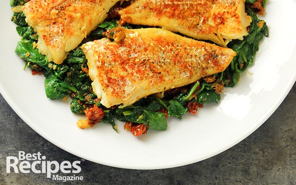 Sauteed Cod with Sun-Dried Tomatoes, Spinach and Kale