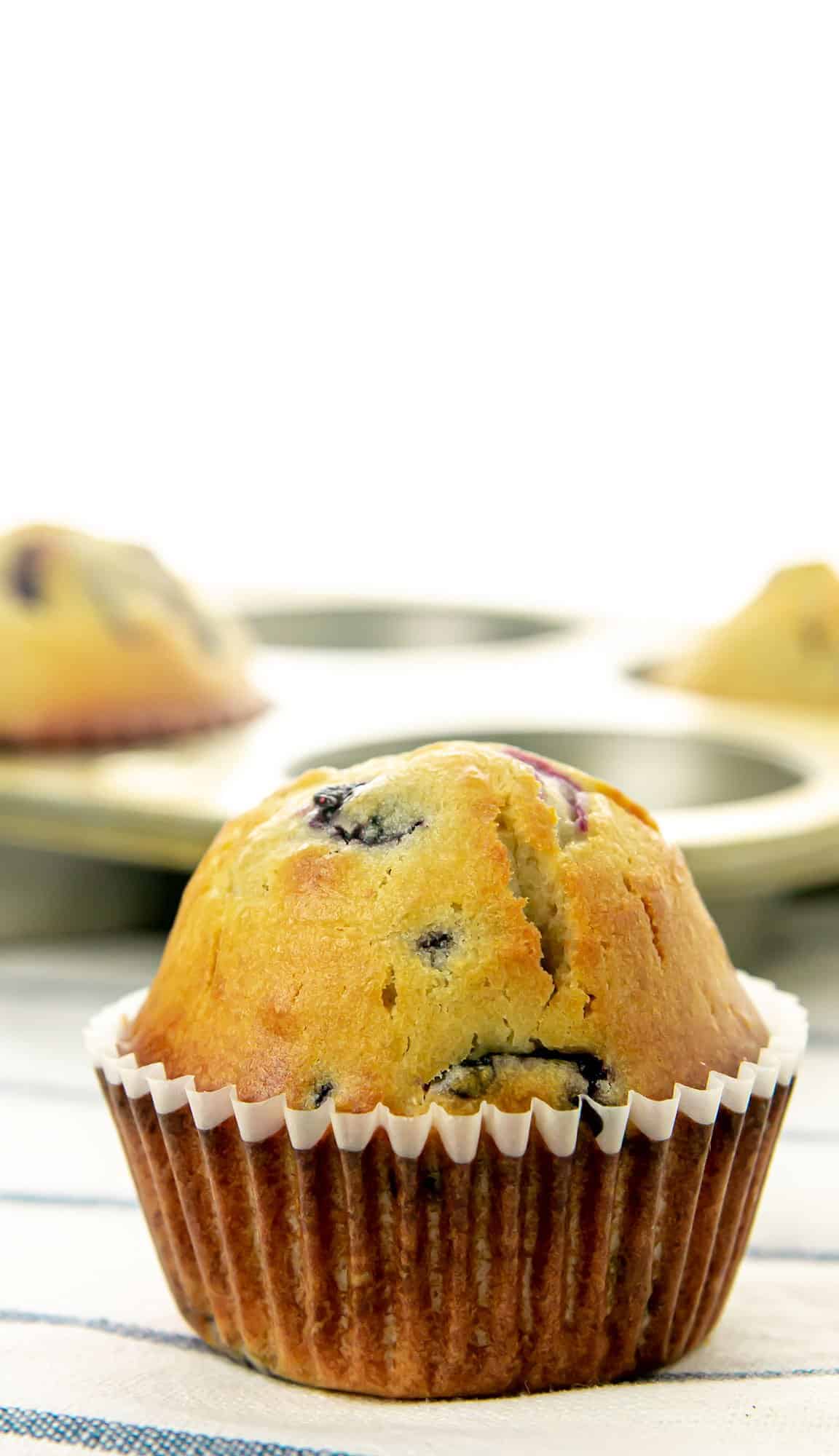 Golden blueberry muffin in a white paper liner with a muffin tin and two more muffins blurred in the background.