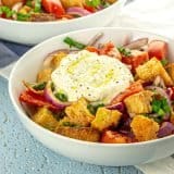 Two bowls of pita bread salad with tomatoes, red onions, herbs, topped with dollops of seasoned ricotta.