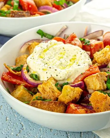 Two bowls of pita bread salad with tomatoes, red onions, herbs, topped with dollops of seasoned ricotta.