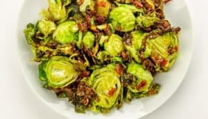 Roasted brussels sprouts with bacon bits and maple glaze