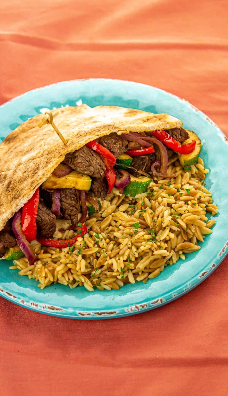 Mediterranean Beef Pitas with Roasted Vegetables