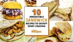Collage of four sandwiches: pulled pork with coleslaw, grilled chicken pita, grilled cheese with ham, and fried chicken with melted cheese. Text: 10 irresistibl