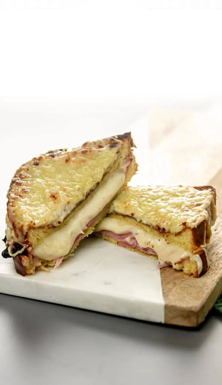 Sliced sandwich with melty cheese oozing out with sliced ham and broiled cheese on top