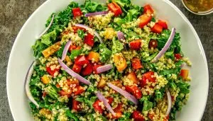 Kale salad with quinoa, red bell peppers, and red onion slices on a white plate, with a small bowl of dressing on the side.