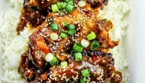 Grilled chicken glazed with dark sauce, garnished with sesame seeds and chopped green onions, served on white rice.