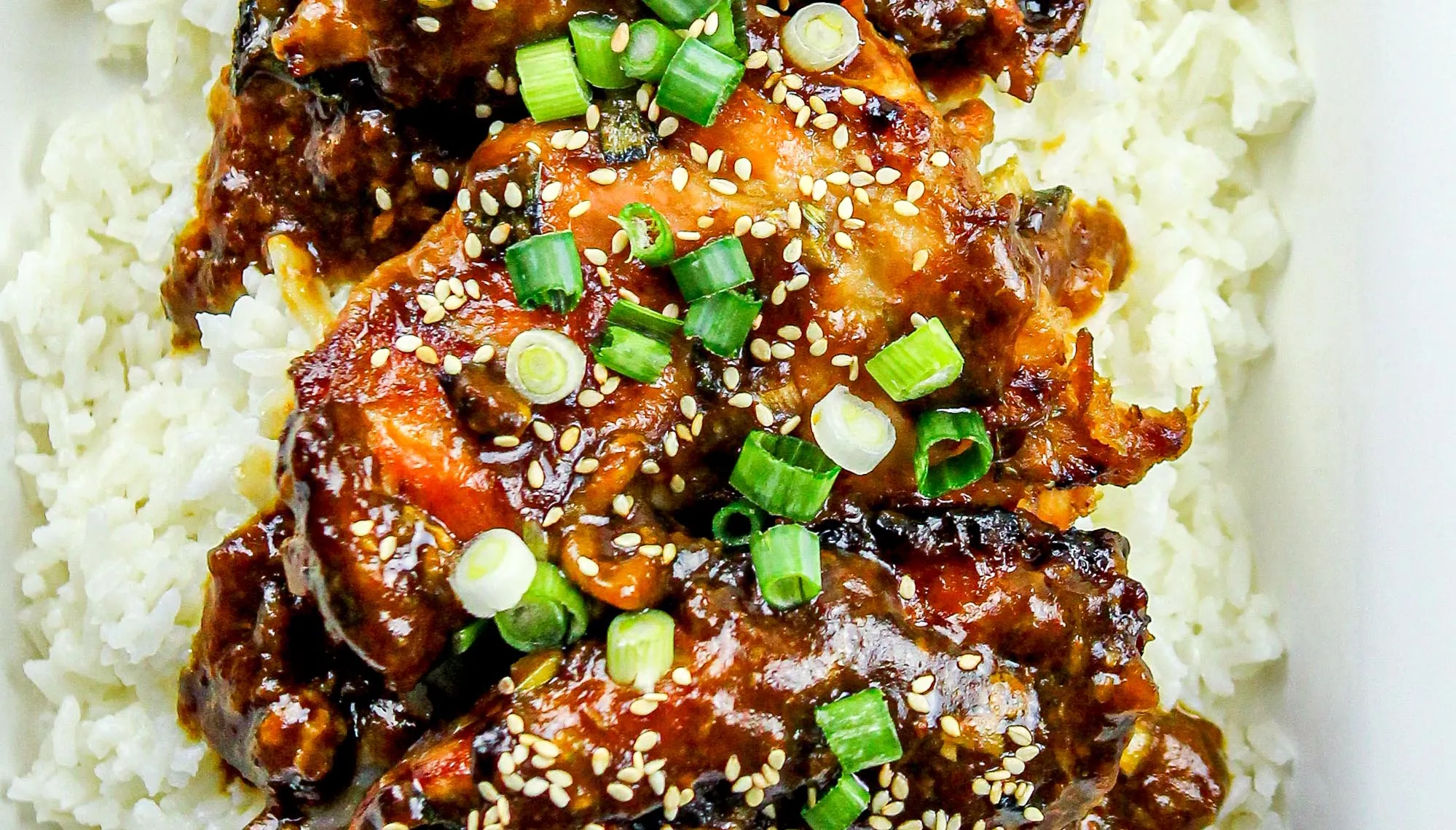 Grilled chicken glazed with dark sauce, garnished with sesame seeds and chopped green onions, served on white rice.