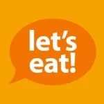 Orange speech bubble with white text saying "let's eat!" on a yellow background.