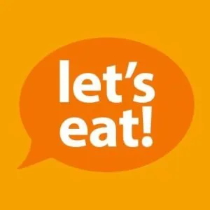 Orange speech bubble with white text saying "let's eat!" on a yellow background.