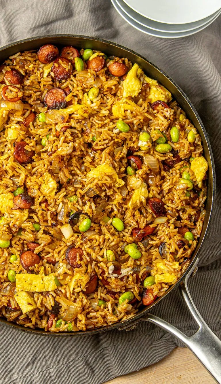 Hot Dog Fried Rice Recipe with Crispy Edamame