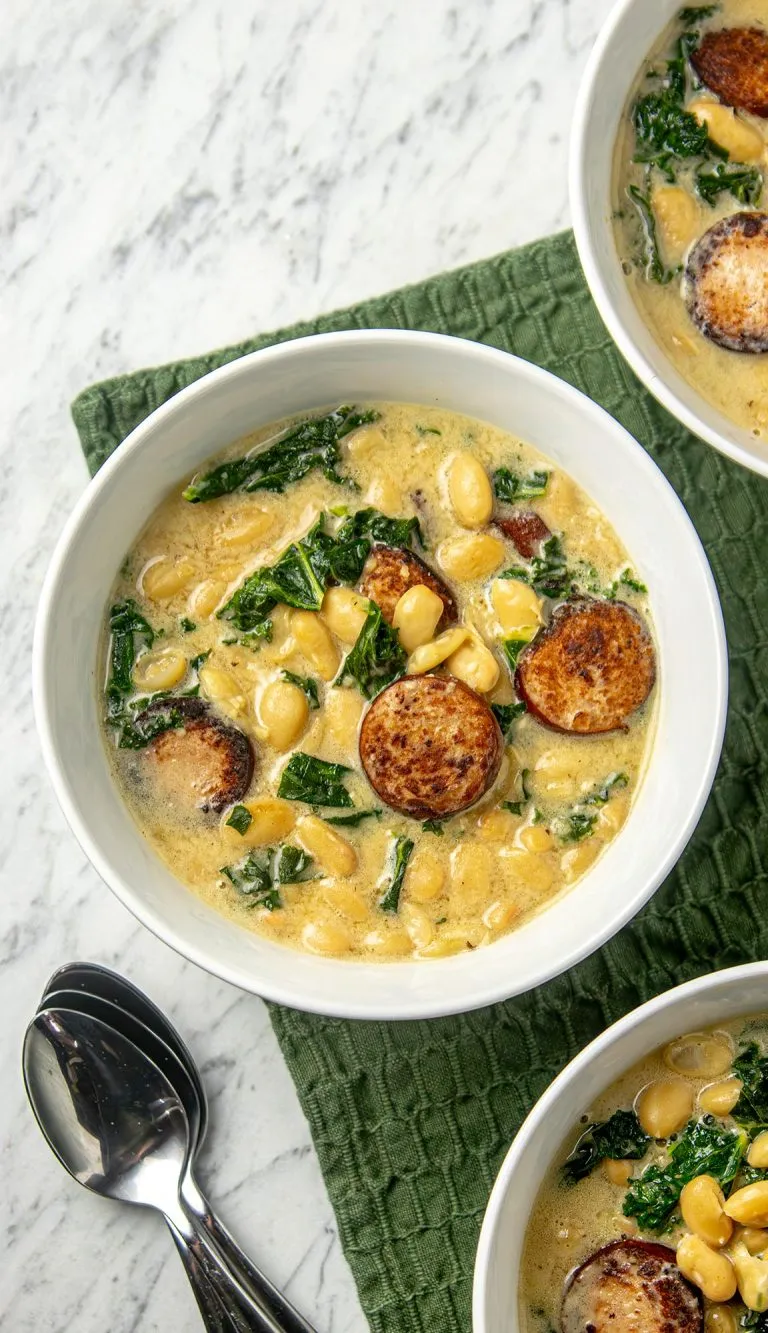 Creamy white bean soup with kale and browned sausage slices in white bowls on a green cloth, with three silver spoons nearby.