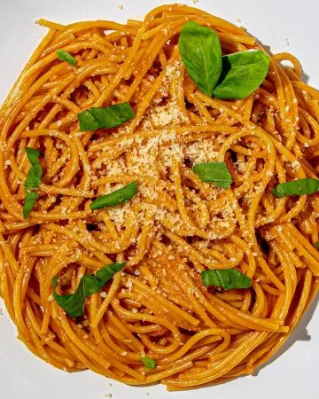 Spaghetti with tomato sauce, sprinkled with grated cheese and fresh basil leaves on a white plate over marble surface.