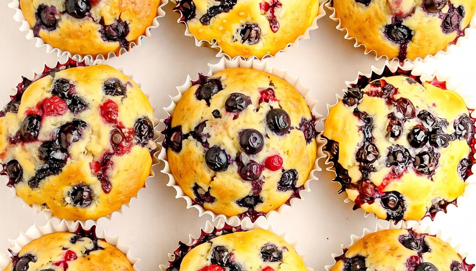 Blueberry muffins with visible whole blueberries, in white paper liners, arranged on a white background.