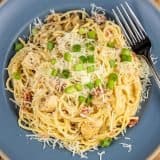Spaghetti pasta with creamy sauce, chunks of chicken, tomatoes, shredded cheese, and chopped green onions on a blue plate with a fork.