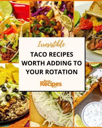 Variety of tacos with ingredients like seasoned meat, shrimp, vegetables, cheese, and dips surrounding text promoting irresistible taco recipes.