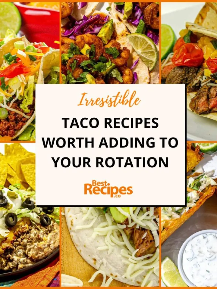 Variety of tacos with ingredients like seasoned meat, shrimp, vegetables, cheese, and dips surrounding text promoting irresistible taco recipes.