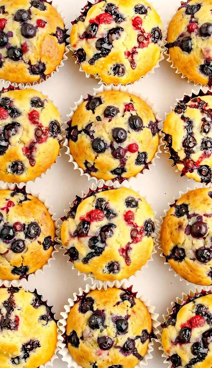 Close-up of blueberry muffins in white paper liners arranged in rows on a white surface.