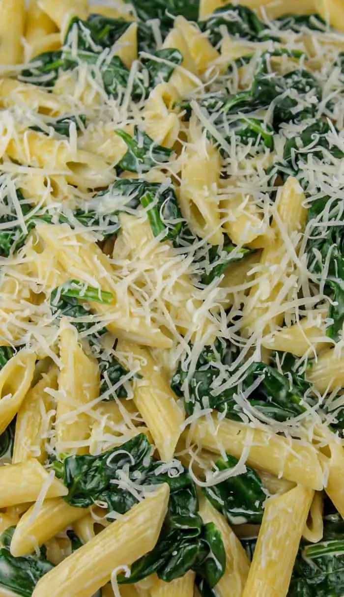 Penne pasta mixed with wilted spinach and topped with shredded cheese.