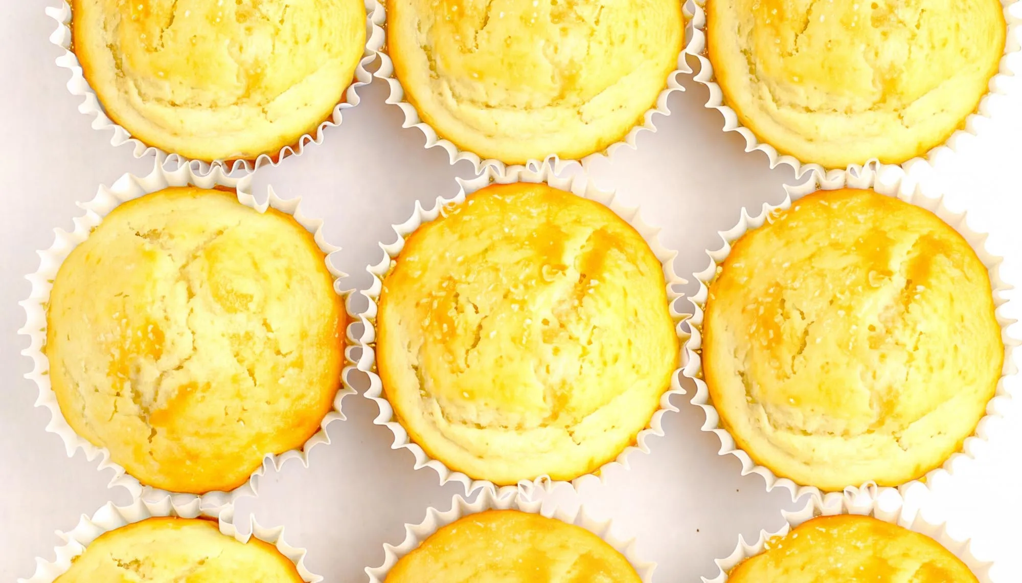 Nine golden-yellow cupcakes in white paper liners arranged closely on a white surface.