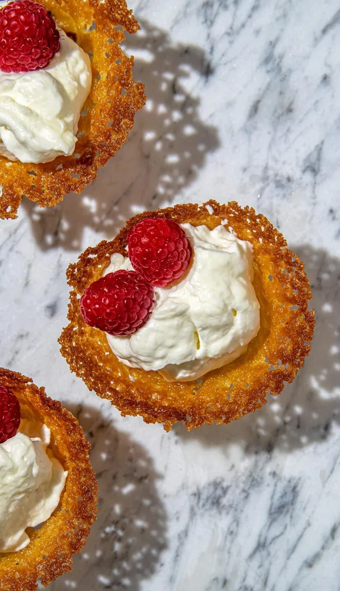 Crunchy caramel lace cookies topped with whipped cream and fresh raspberries on a marble surface.